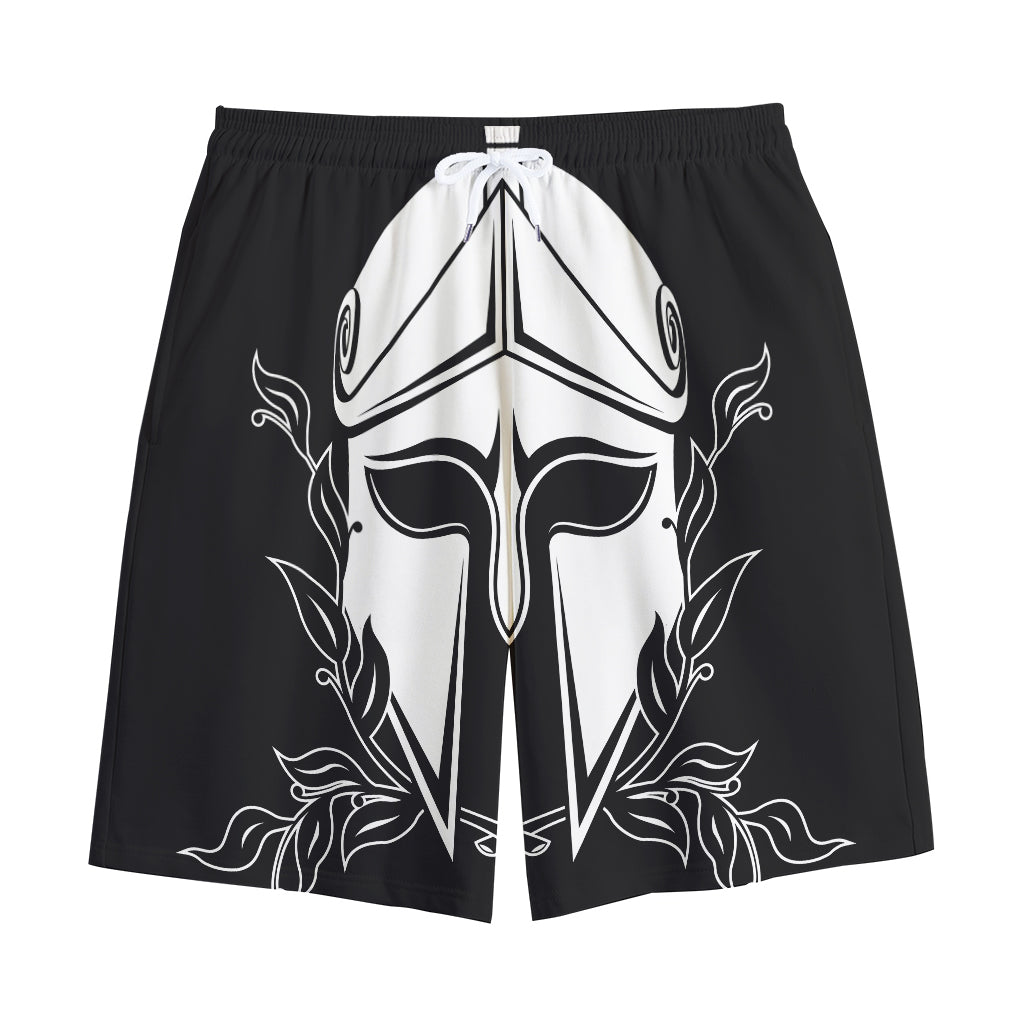 Black And White Spartan Helmet Print Cotton Shorts