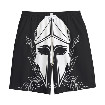 Black And White Spartan Helmet Print Cotton Shorts