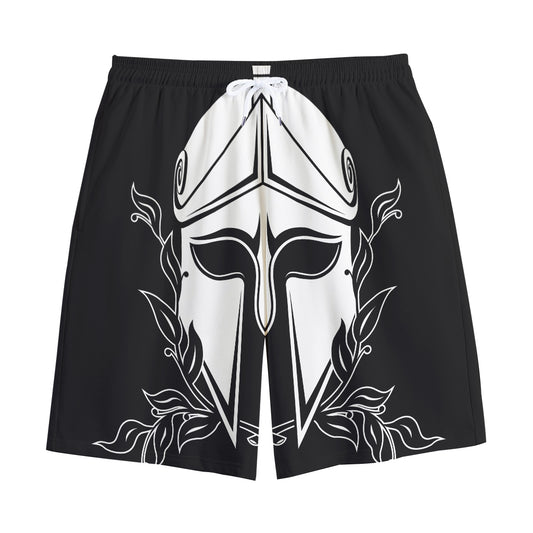 Black And White Spartan Helmet Print Cotton Shorts