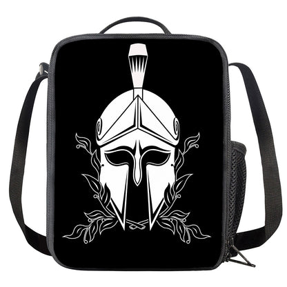 Black And White Spartan Helmet Print Crossbody Lunch Bag