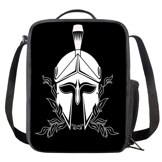 Black And White Spartan Helmet Print Crossbody Lunch Bag