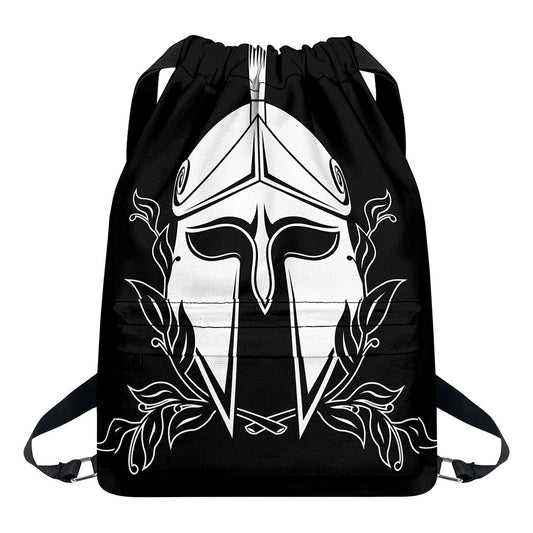 Black And White Spartan Helmet Print Drawstring Backpack