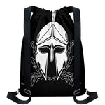 Black And White Spartan Helmet Print Drawstring Backpack