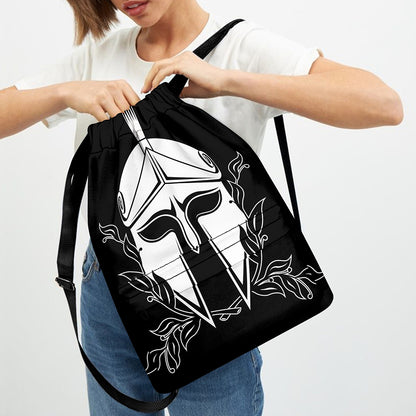 Black And White Spartan Helmet Print Drawstring Backpack