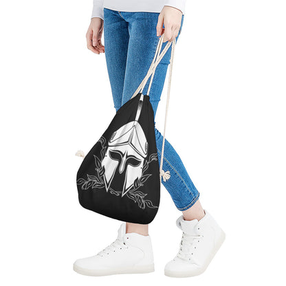 Black And White Spartan Helmet Print Drawstring Bag