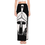 Black And White Spartan Helmet Print High Slit Maxi Skirt