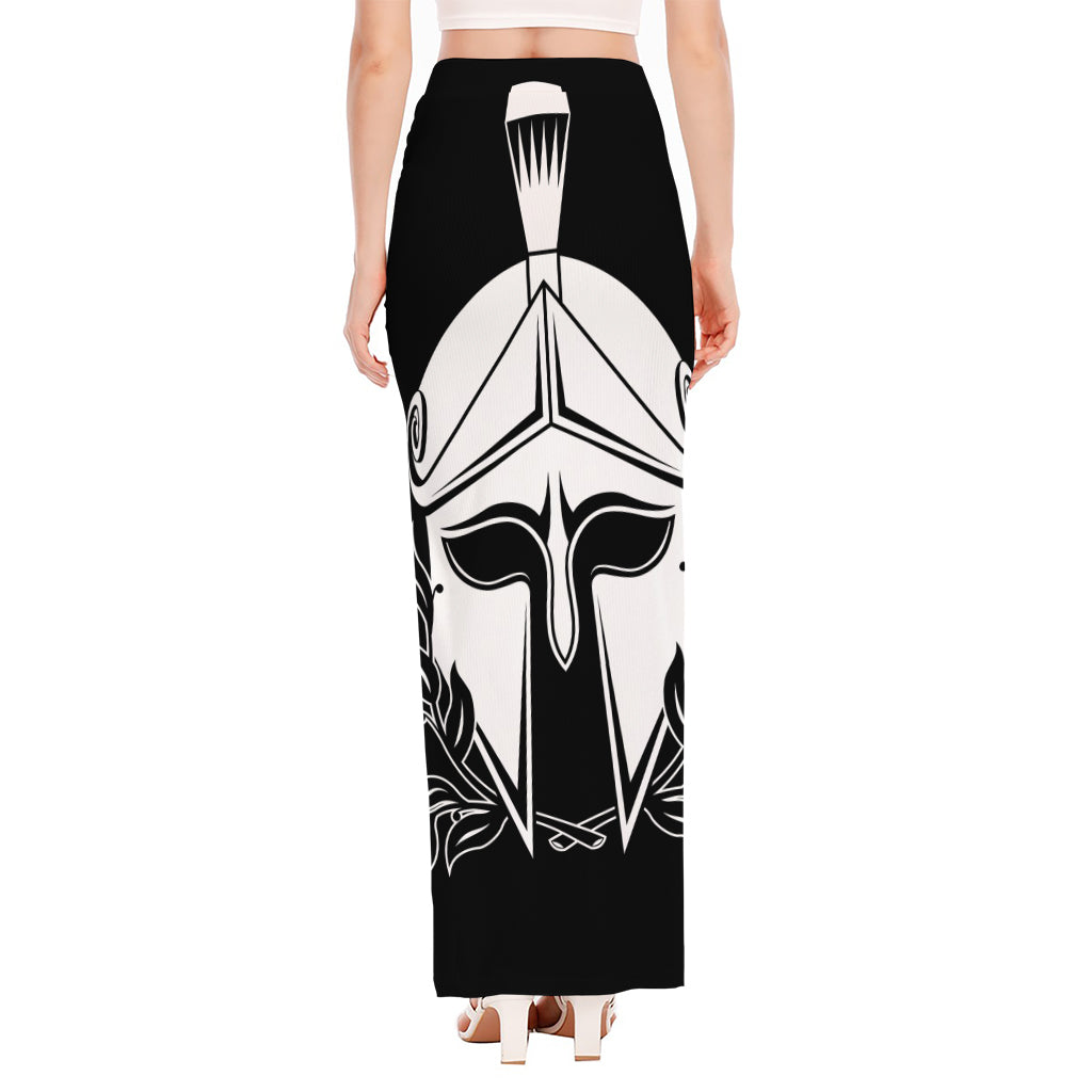 Black And White Spartan Helmet Print High Slit Maxi Skirt