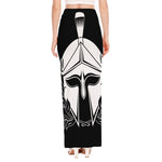 Black And White Spartan Helmet Print High Slit Maxi Skirt