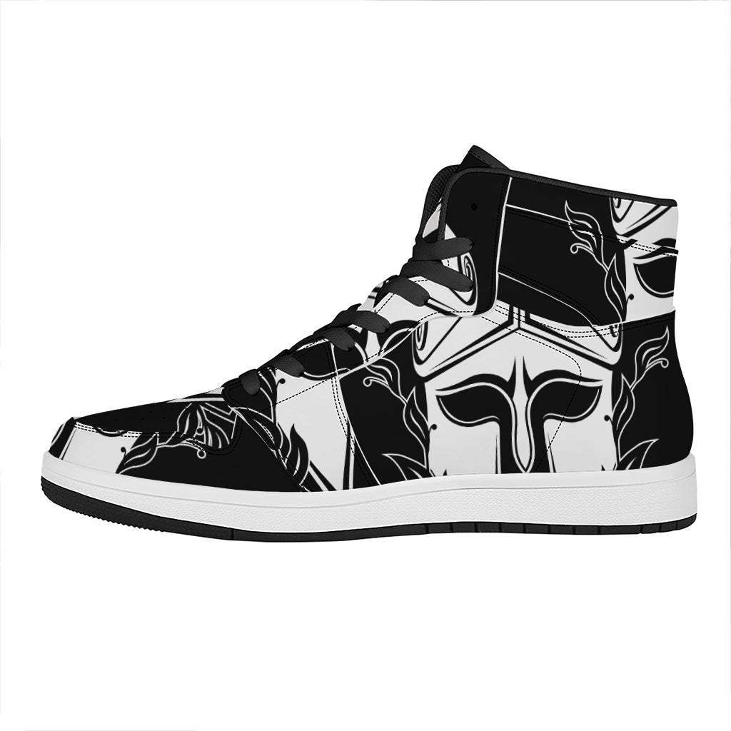 Black And White Spartan Helmet Print High Top Leather Sneakers