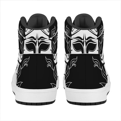 Black And White Spartan Helmet Print High Top Leather Sneakers
