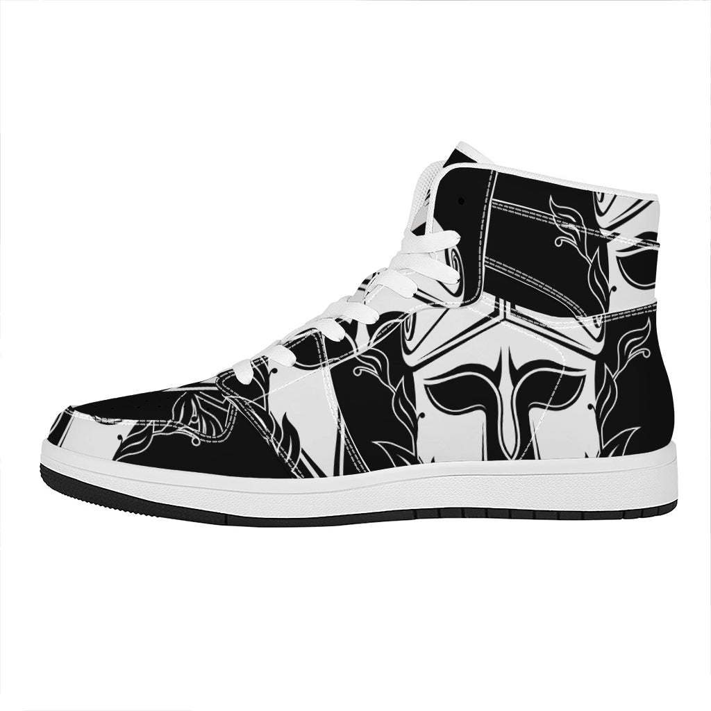 Black And White Spartan Helmet Print High Top Leather Sneakers