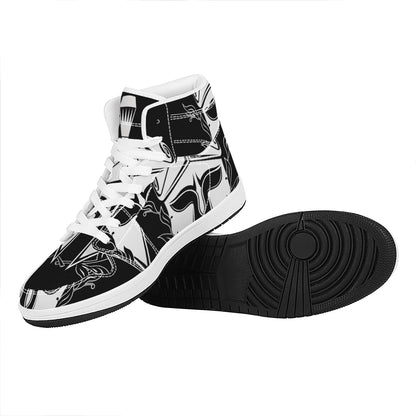 Black And White Spartan Helmet Print High Top Leather Sneakers