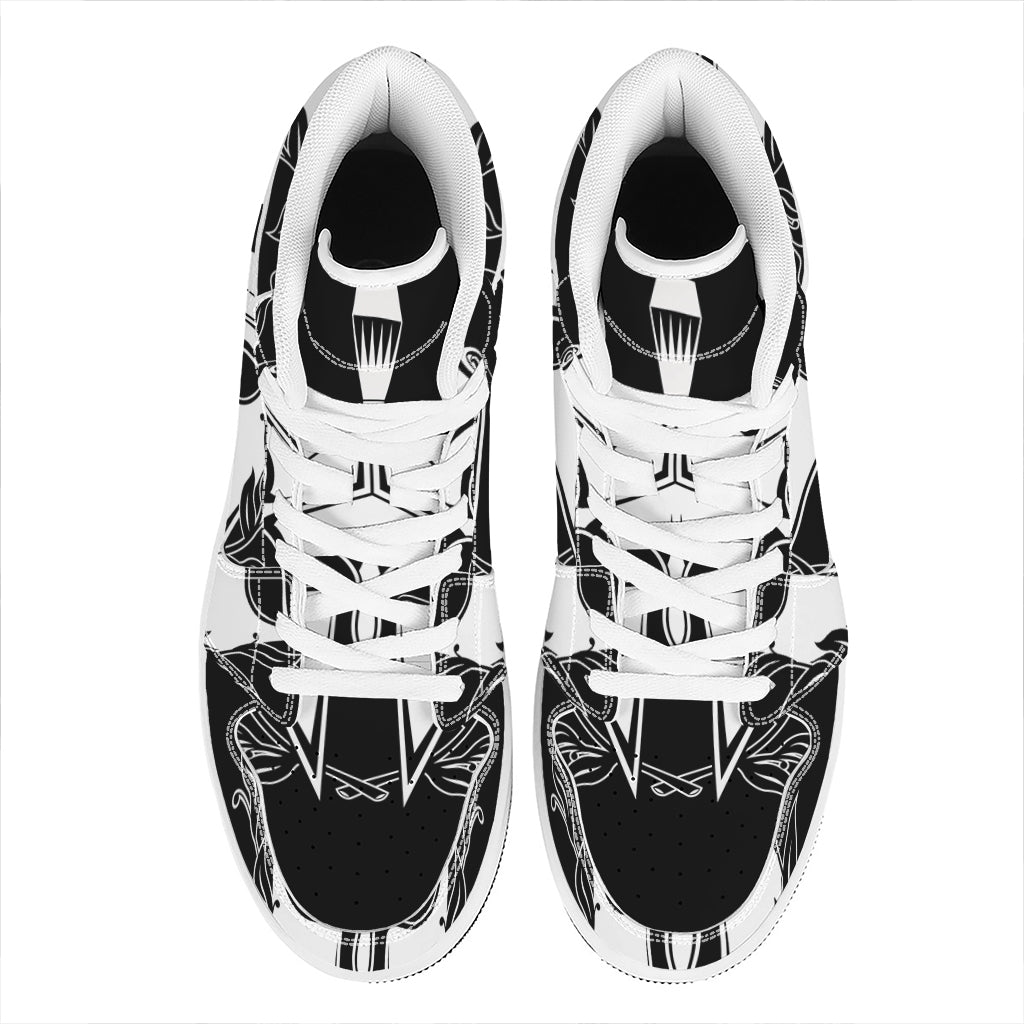 Black And White Spartan Helmet Print High Top Leather Sneakers