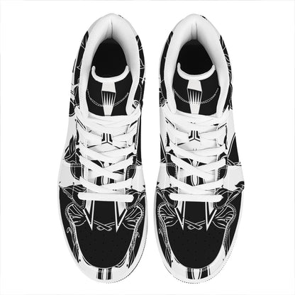 Black And White Spartan Helmet Print High Top Leather Sneakers