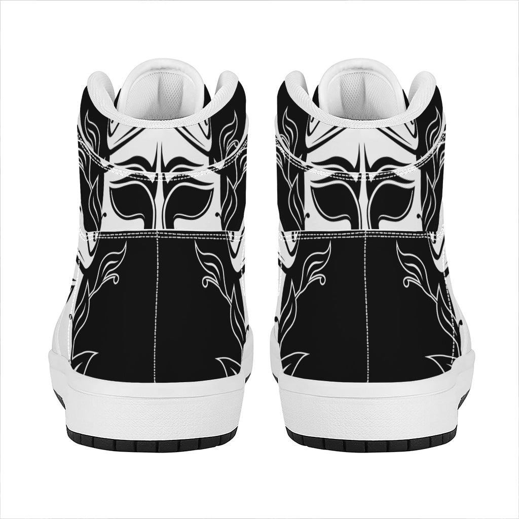 Black And White Spartan Helmet Print High Top Leather Sneakers