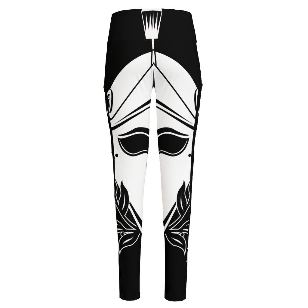 Black And White Spartan Helmet Print High-Waisted Pocket Leggings