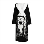 Black And White Spartan Helmet Print Hooded Bathrobe