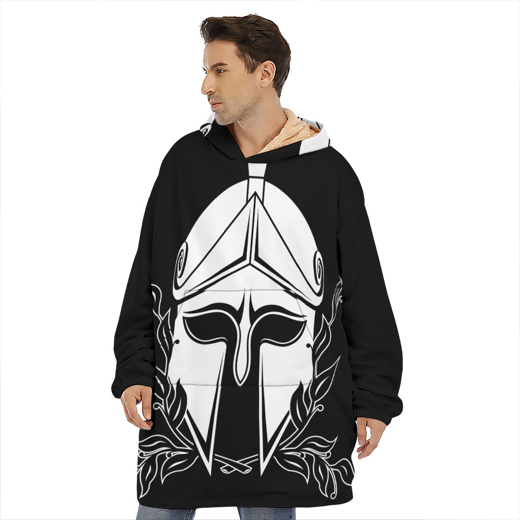 Black And White Spartan Helmet Print Hoodie Blanket