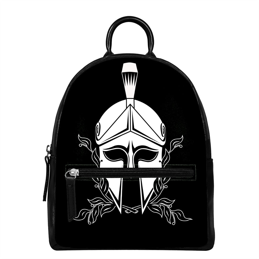 Black And White Spartan Helmet Print Leather Backpack