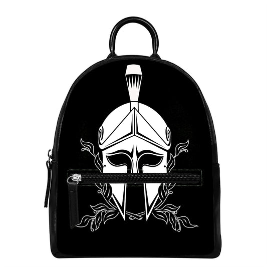 Black And White Spartan Helmet Print Leather Backpack