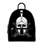 Black And White Spartan Helmet Print Leather Backpack