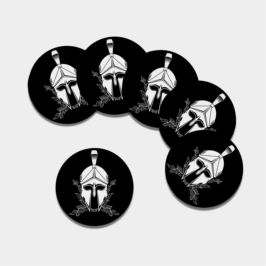 Black And White Spartan Helmet Print Leather Coaster Set