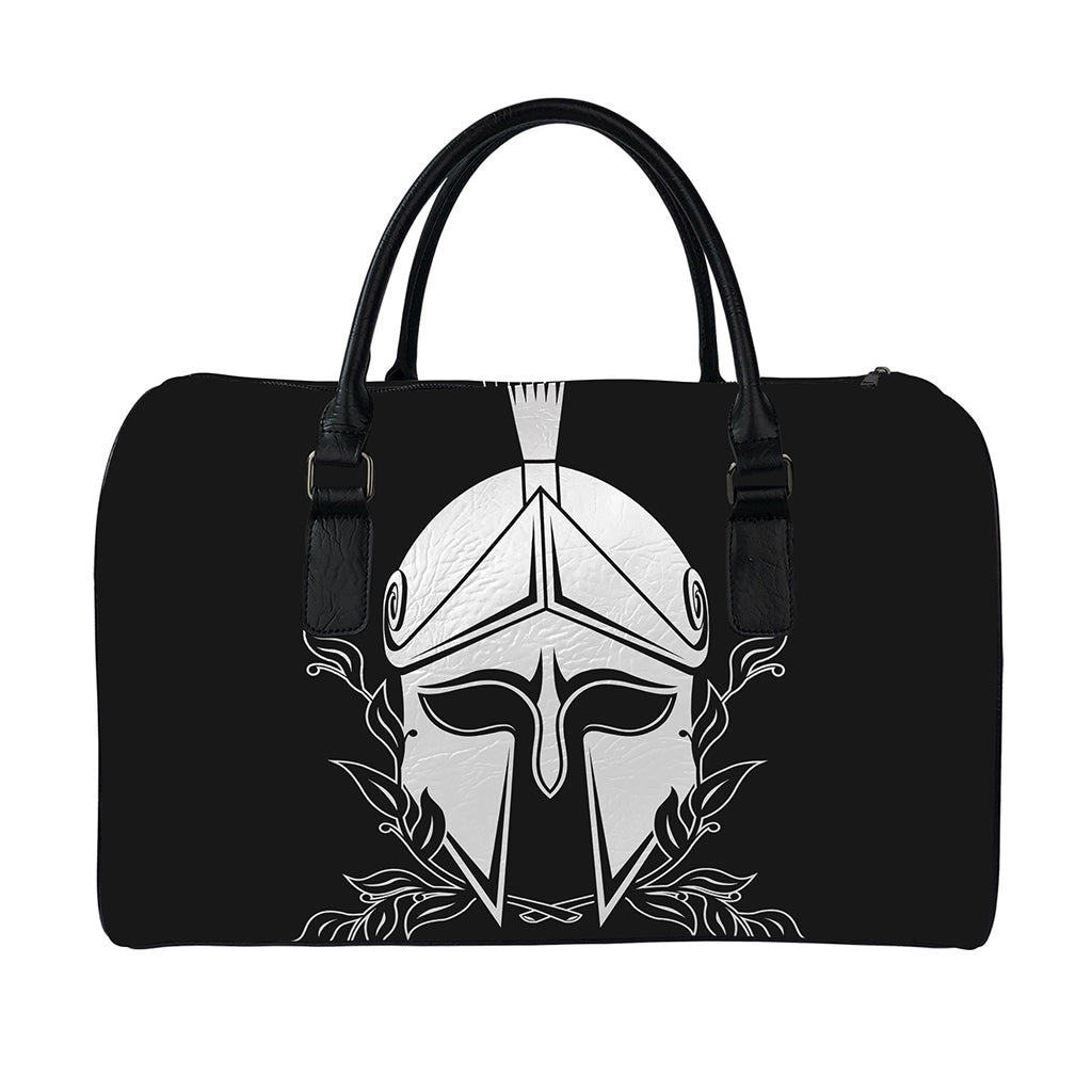 Black And White Spartan Helmet Print Leather Duffle Bag