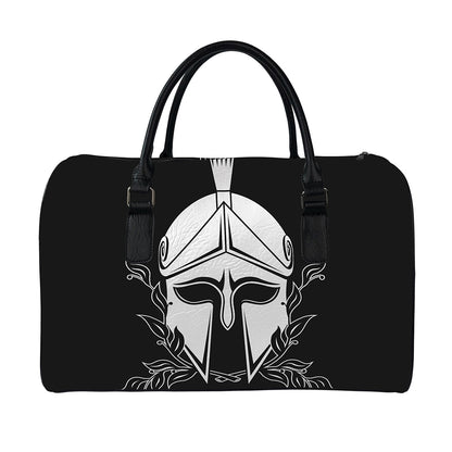 Black And White Spartan Helmet Print Leather Duffle Bag