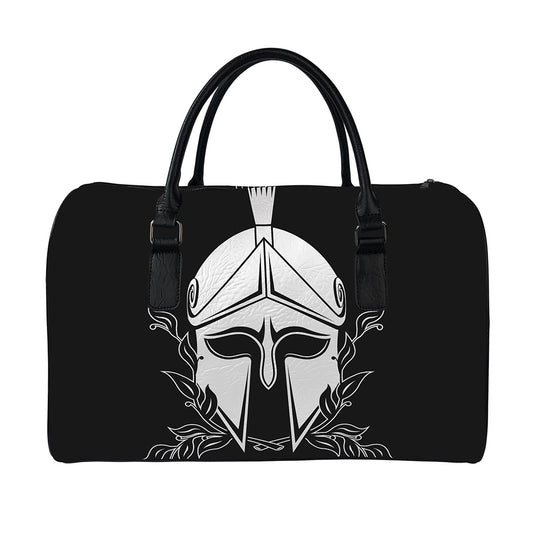 Black And White Spartan Helmet Print Leather Duffle Bag
