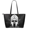Black And White Spartan Helmet Print Leather Tote Bag With Zipper