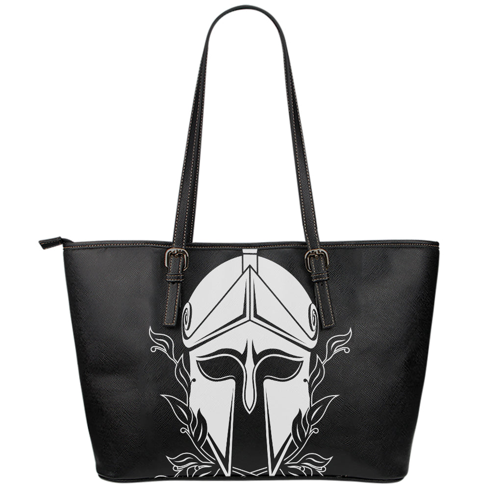 Black And White Spartan Helmet Print Leather Tote Bag