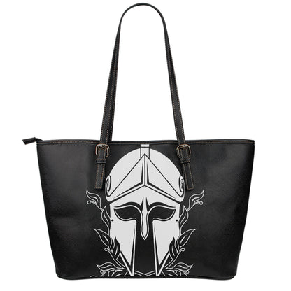 Black And White Spartan Helmet Print Leather Tote Bag