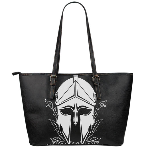 Black And White Spartan Helmet Print Leather Tote Bag