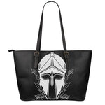 Black And White Spartan Helmet Print Leather Tote Bag