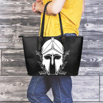 Black And White Spartan Helmet Print Leather Tote Bag