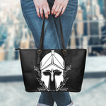 Black And White Spartan Helmet Print Leather Tote Bag