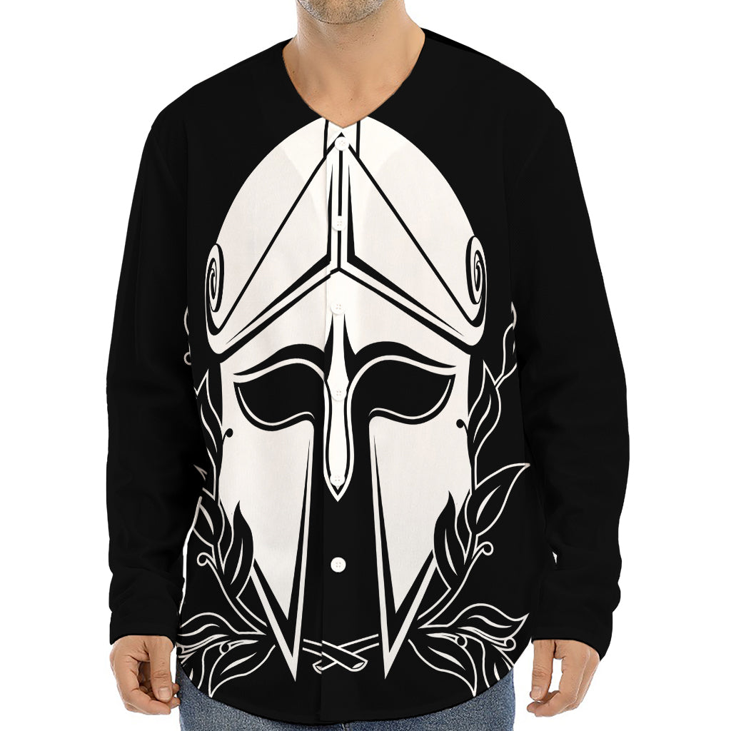 Black And White Spartan Helmet Print Long Sleeve Baseball Jersey
