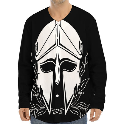 Black And White Spartan Helmet Print Long Sleeve Baseball Jersey