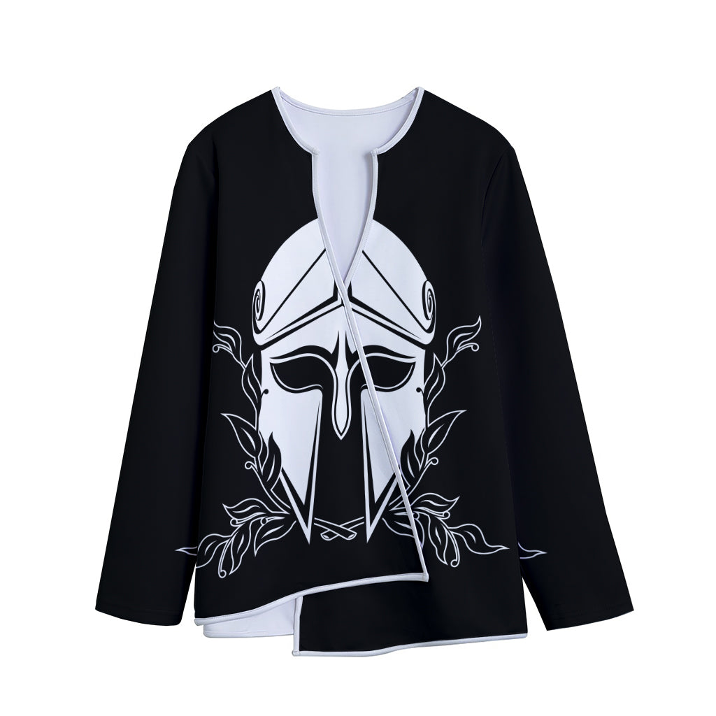 Black And White Spartan Helmet Print Long Sleeve Short Coat