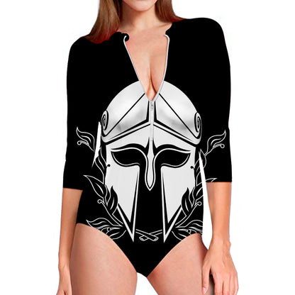 Black And White Spartan Helmet Print Long Sleeve Swimsuit