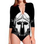 Black And White Spartan Helmet Print Long Sleeve Swimsuit