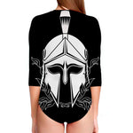 Black And White Spartan Helmet Print Long Sleeve Swimsuit