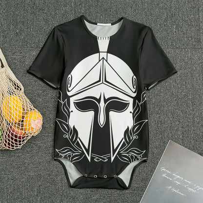 Black And White Spartan Helmet Print Men's Bodysuit