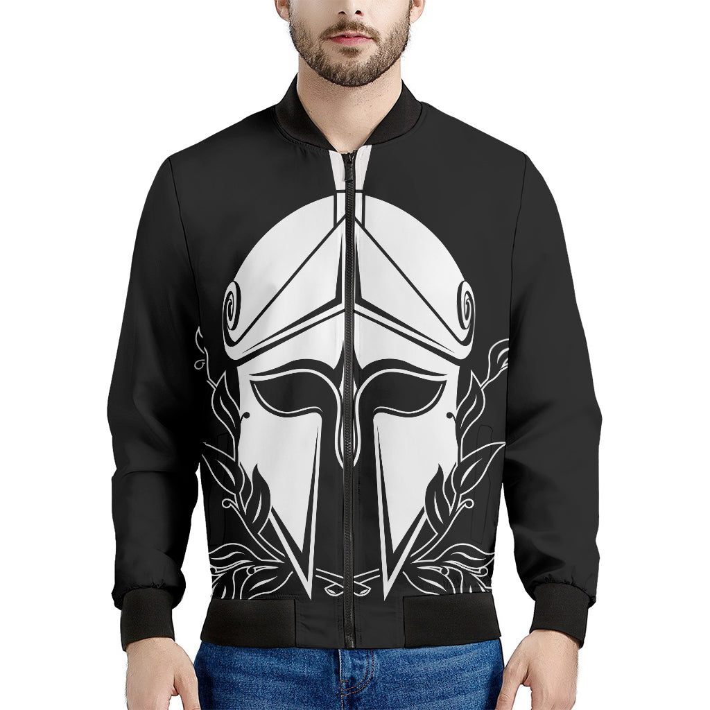 Black And White Spartan Helmet Print Men's Bomber Jacket