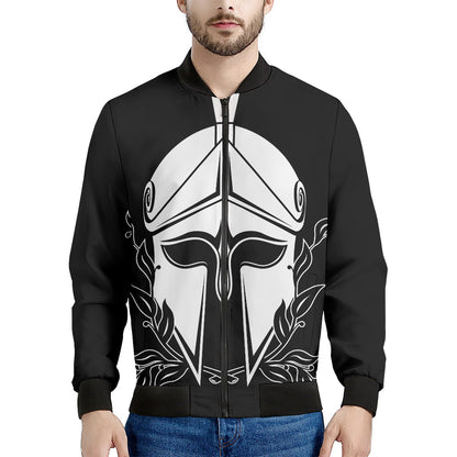 Black And White Spartan Helmet Print Men's Bomber Jacket