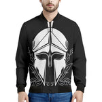 Black And White Spartan Helmet Print Men's Bomber Jacket
