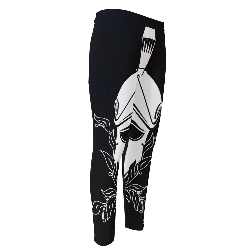 Black And White Spartan Helmet Print Men's Compression Pants