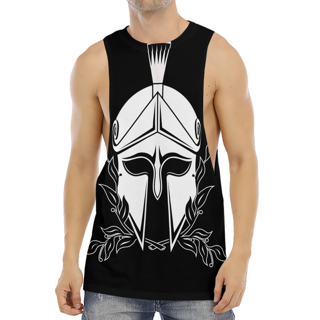 Black And White Spartan Helmet Print Men's Muscle Tank Top