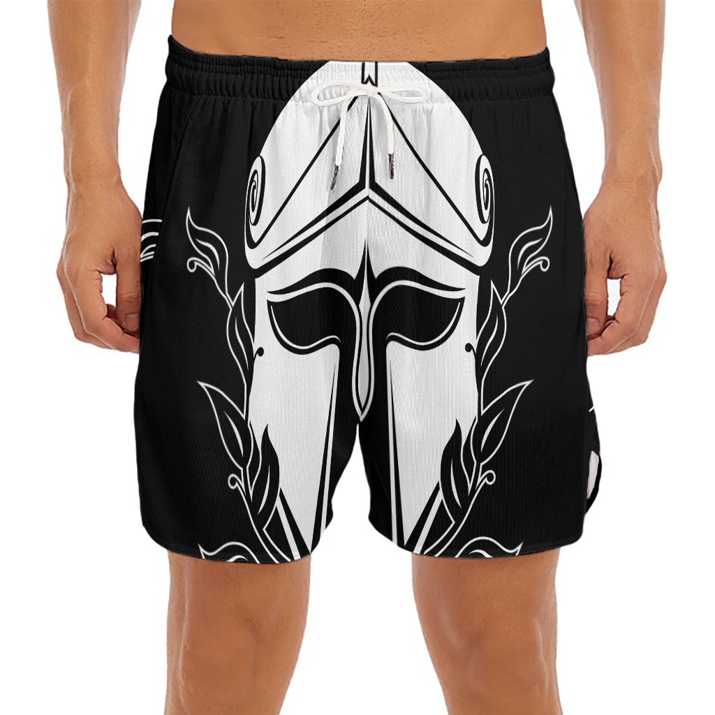Black And White Spartan Helmet Print Men's Split Running Shorts