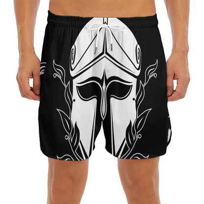 Black And White Spartan Helmet Print Men's Split Running Shorts